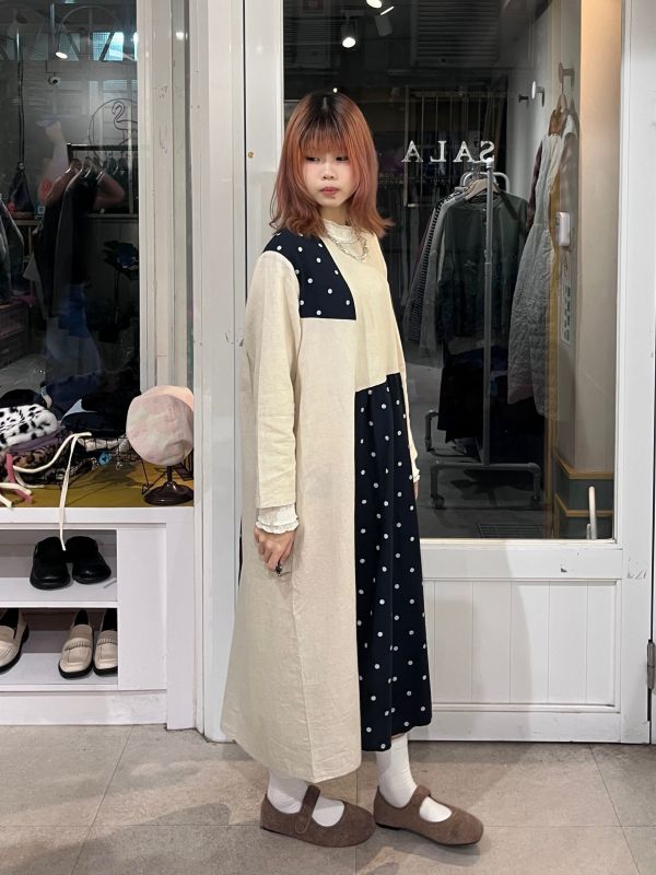 棉麻拼接波點長袖洋裝 