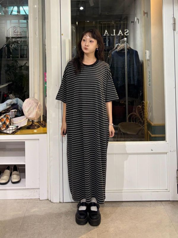 橫條紋one piece長洋裝 
