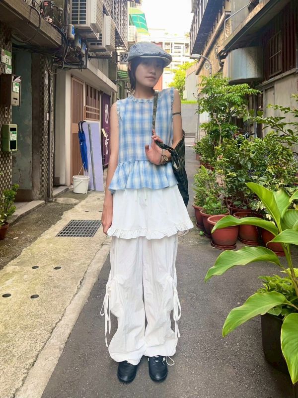 個性刷刷布捲邊短裙多層次抽繩雙口袋長褲 
