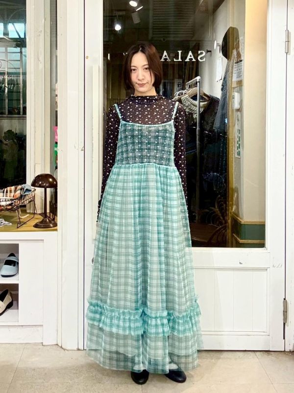 格子雙層紗吊帶背心裙 