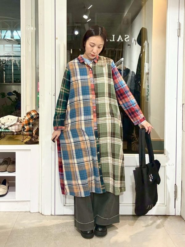 拼接格紋長版襯衫洋裝 