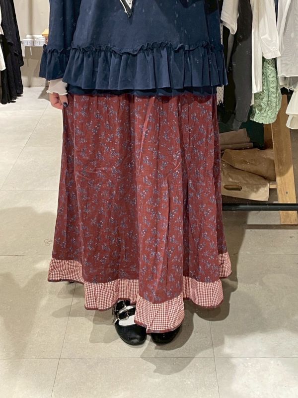 復古紅滿版小花格紋拼接裙 