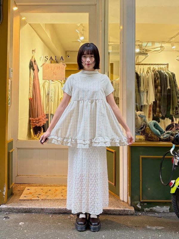 格紋後綁帶蛋糕層次下擺細肩帶背心 