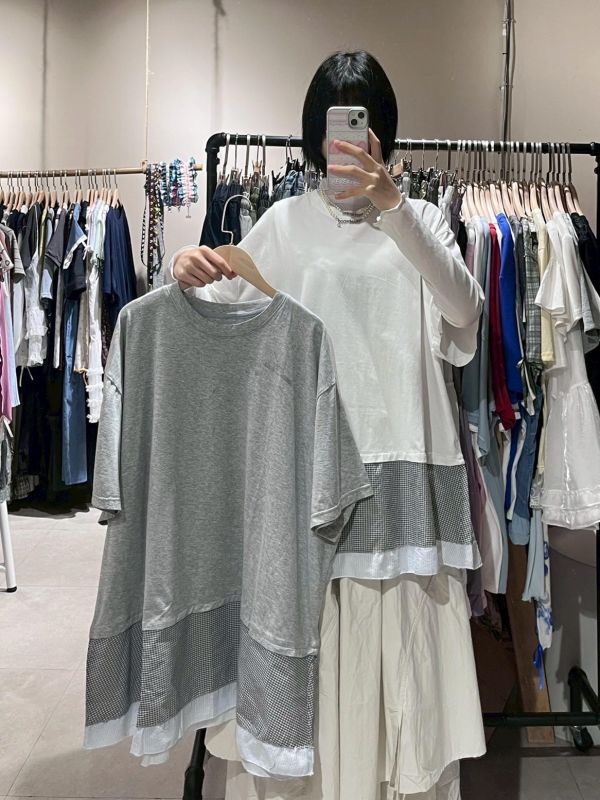 下擺拼接格紋寬版短袖上衣 