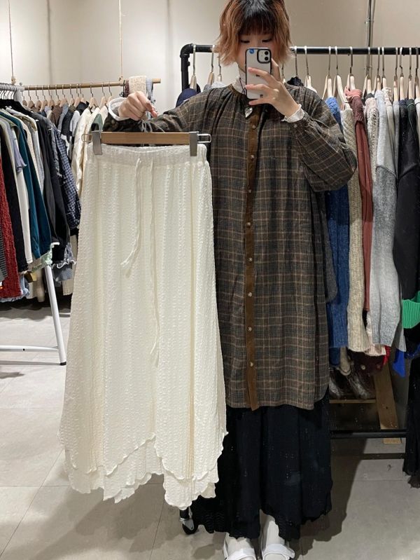 雙層不規則後開衩皺皺抽繩長裙 