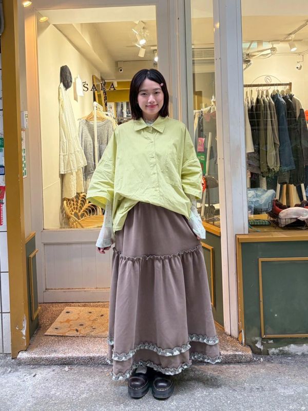 厚布格紋滾邊鬆緊腰長裙 