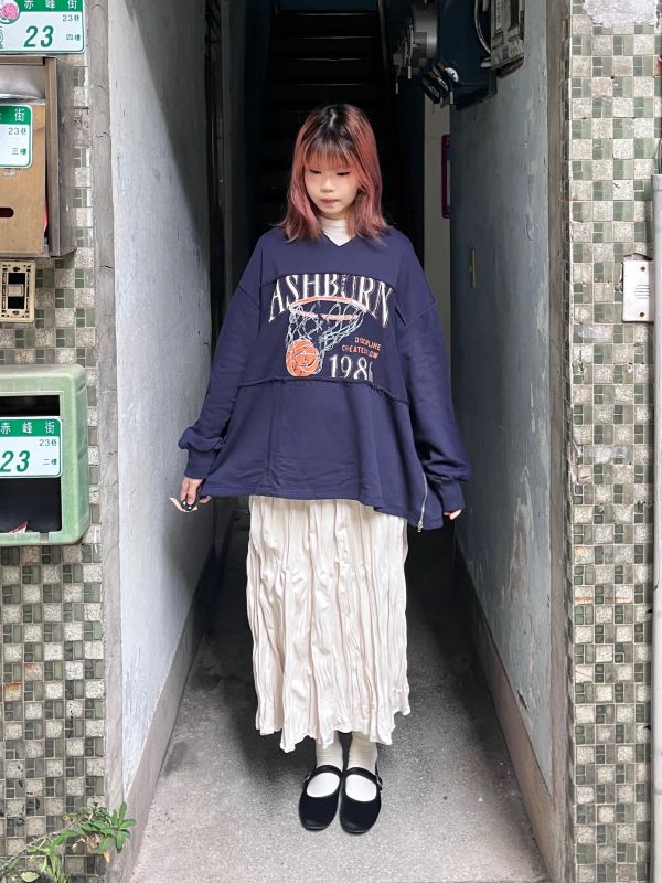 側拉鏈美式印花抽鬚上衣 