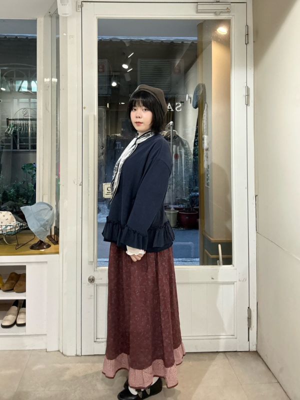 復古紅滿版小花格紋拼接裙 