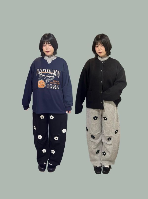 毛絨小花刺繡打褶棉褲 