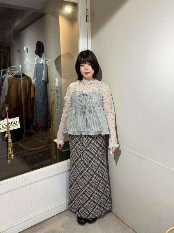 直條紋荷葉下擺綁帶雙面穿吊帶背心 