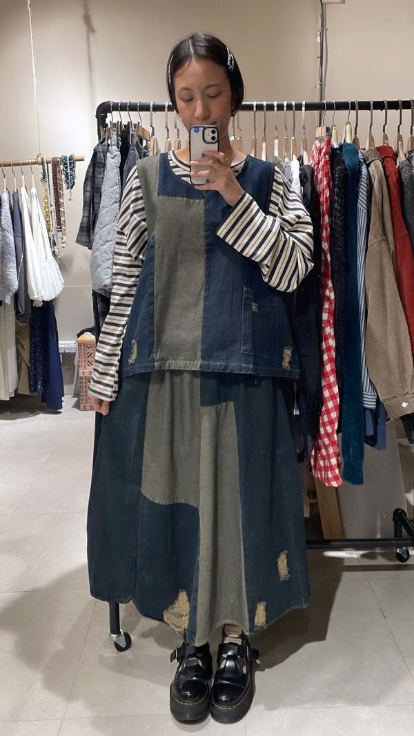 牛仔拼接破壞抽鬚套裝 