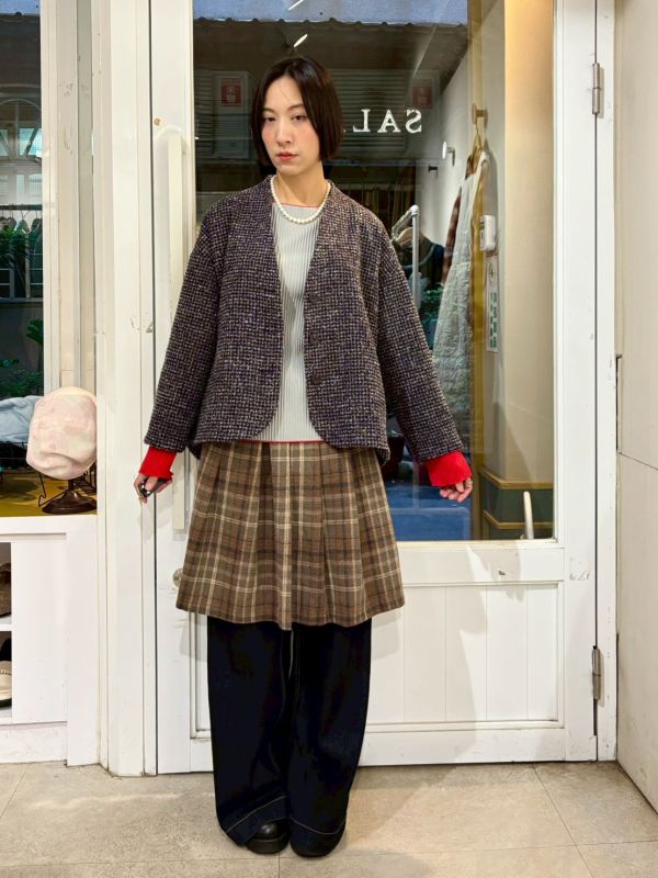 前短後長千鳥格紋開襟落肩毛呢外套 