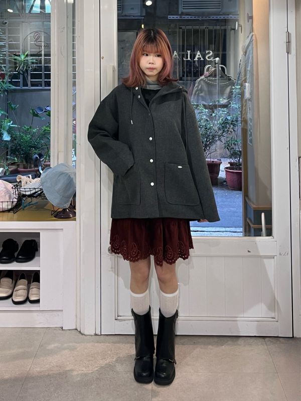 連帽抽繩格紋袖毛呢鋪棉外套 