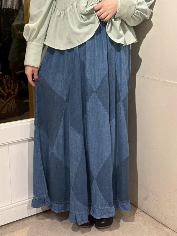 大格紋拼接荷葉下擺鬆緊腰傘裙 