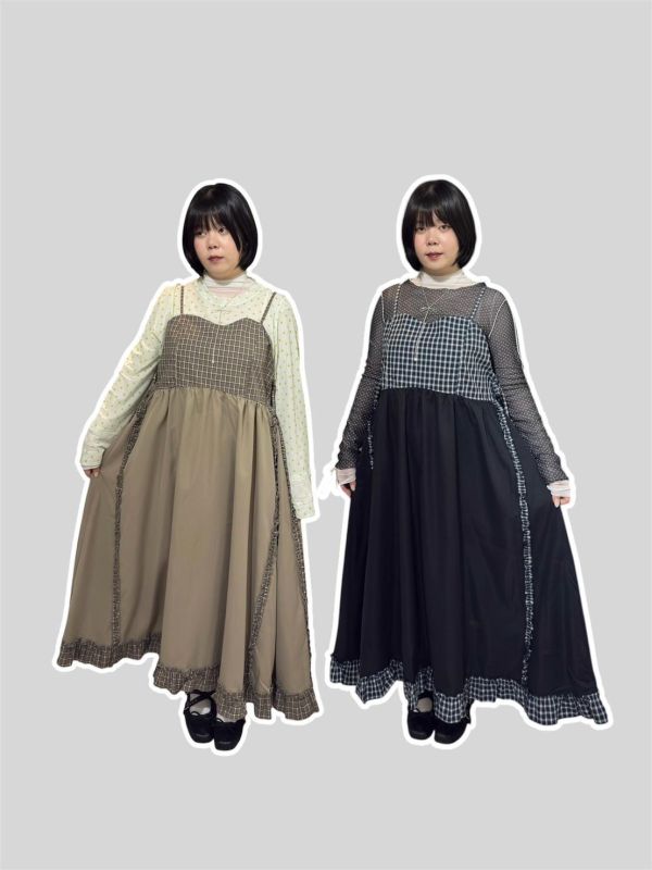 格紋拼接荷葉滾邊側綁帶吊帶洋裝 