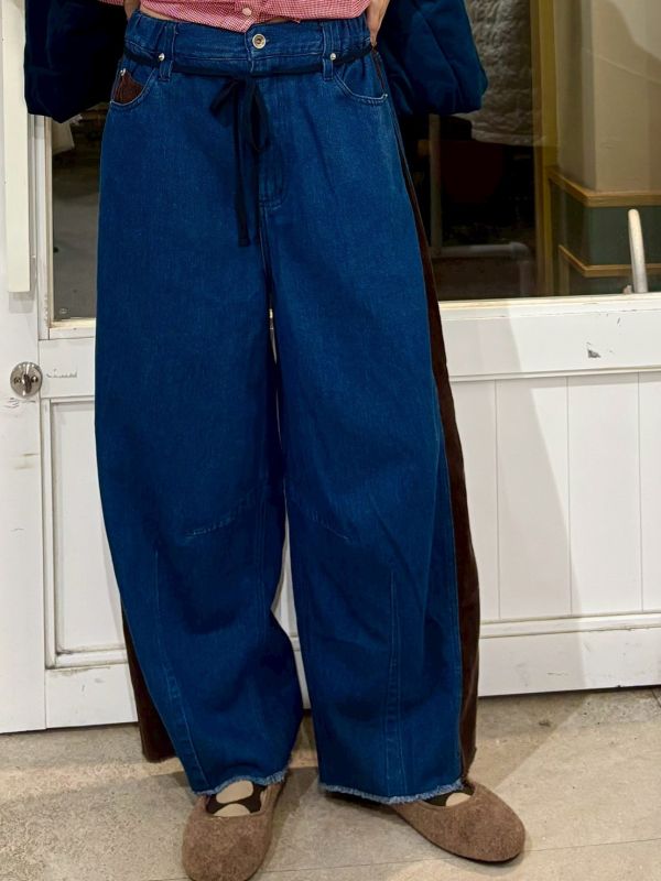 側邊細燈芯絨拼接牛仔褲 