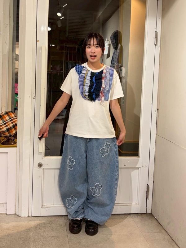 藍色系不規則拼接布上衣 