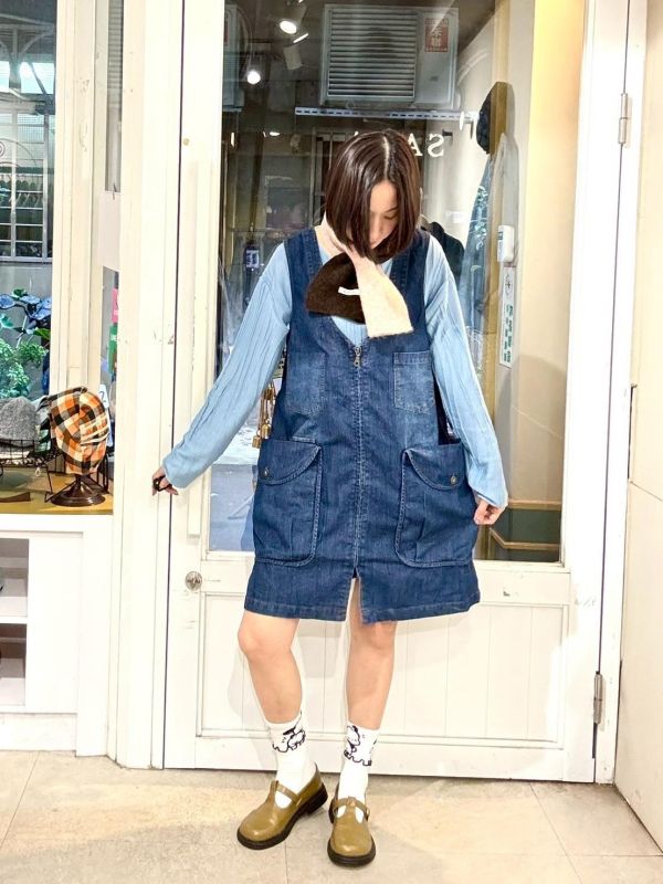 大V領全開拉鏈立體大口袋牛仔背心洋裝 