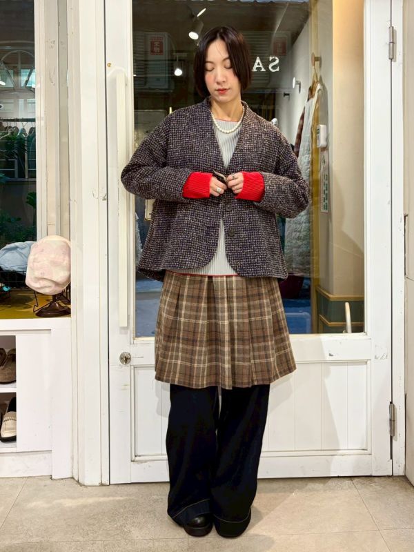 前短後長千鳥格紋開襟落肩毛呢外套 