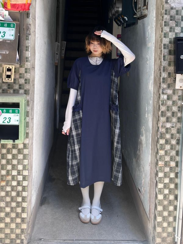 U領泡泡袖花邊口袋長版洋裝 