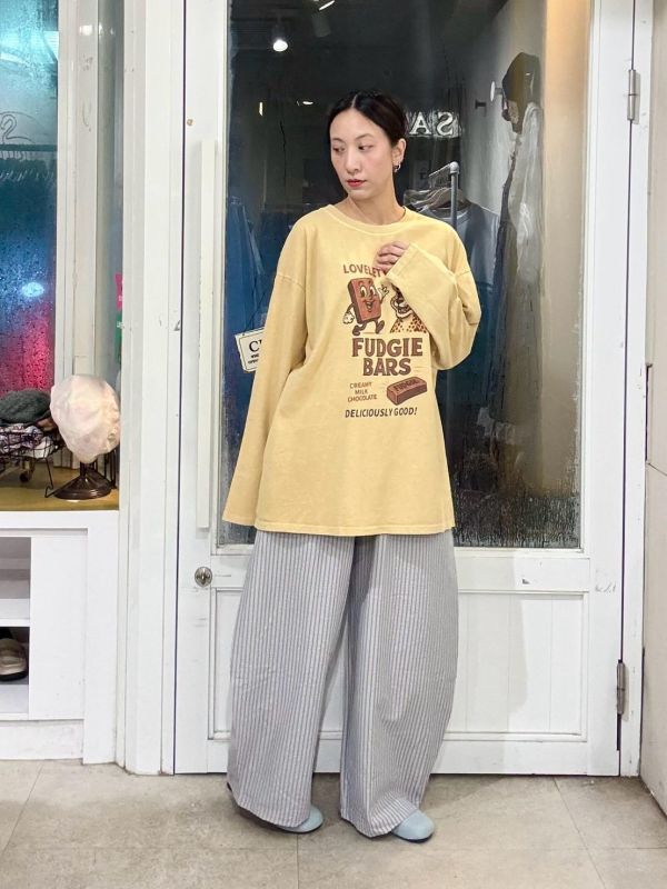 直條紋繭型寬褲 