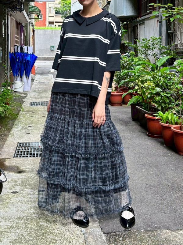 翻領條紋短版側開衩tee 