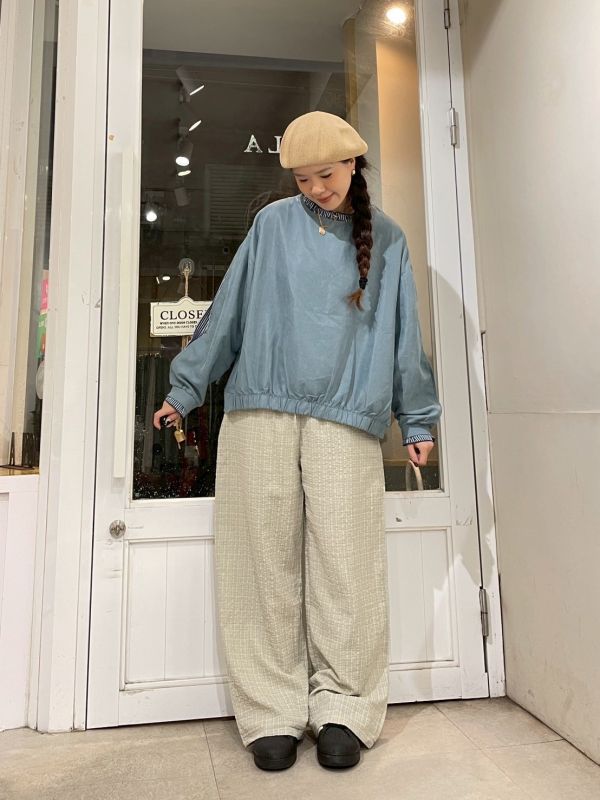 立體泡泡布撞色格紋抽繩鬆緊腰寬褲 