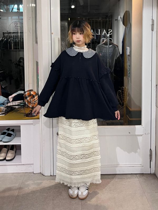 抽繩蕾絲花邊層次彈力長裙 