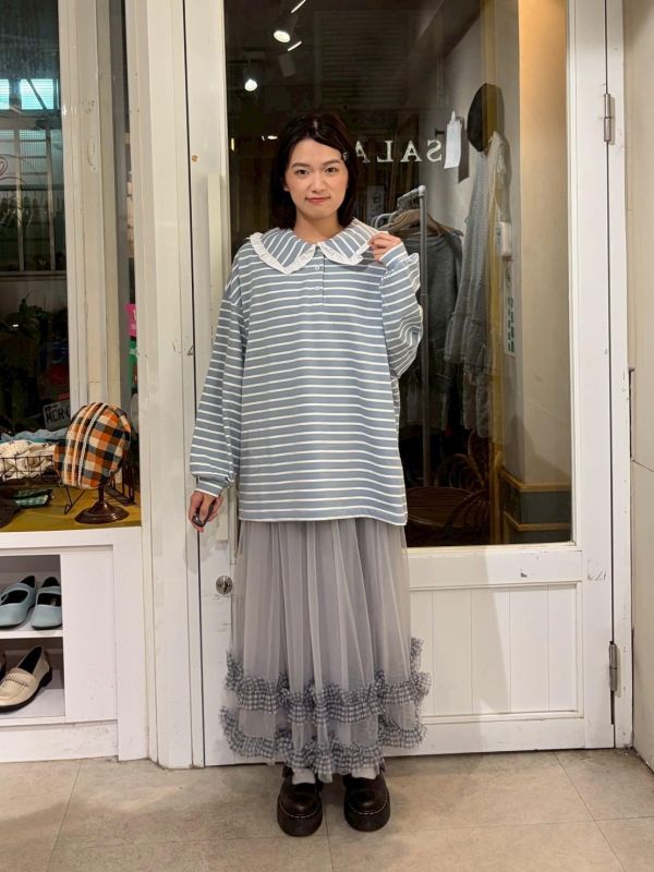 百搭條紋荷葉領休閒上衣 