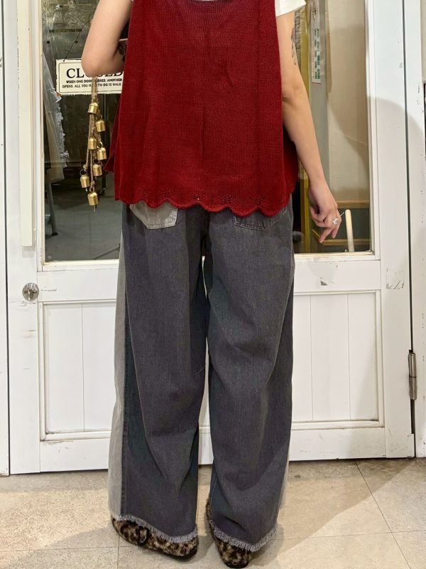 側邊細燈芯絨拼接牛仔褲 