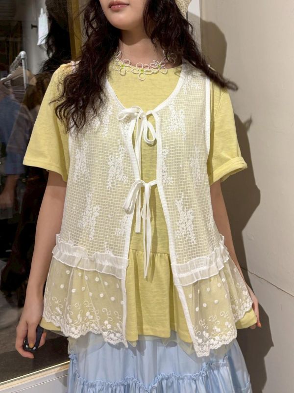 雙綁帶刺繡蕾絲下擺透紗波點背心 