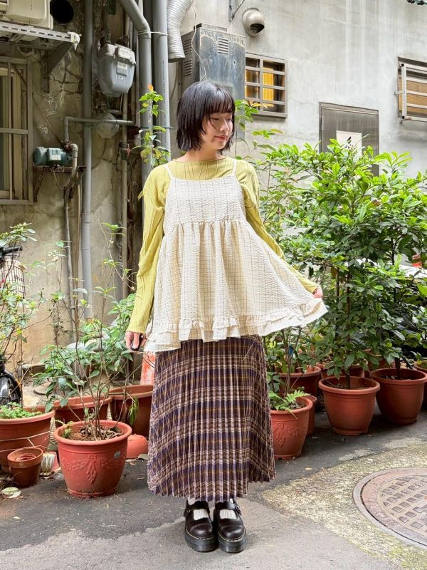 格紋後綁帶蛋糕層次下擺細肩帶背心 