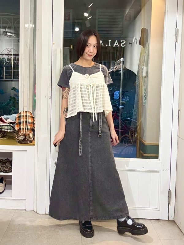 鬆緊腰A字牛仔裙附腰帶 