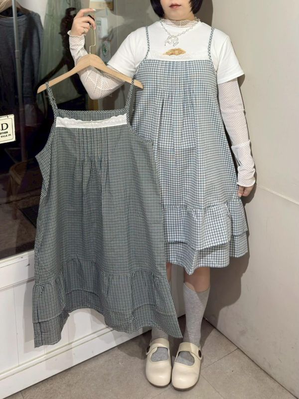 蕾絲拼接打摺雙層蛋糕下擺吊帶背心 