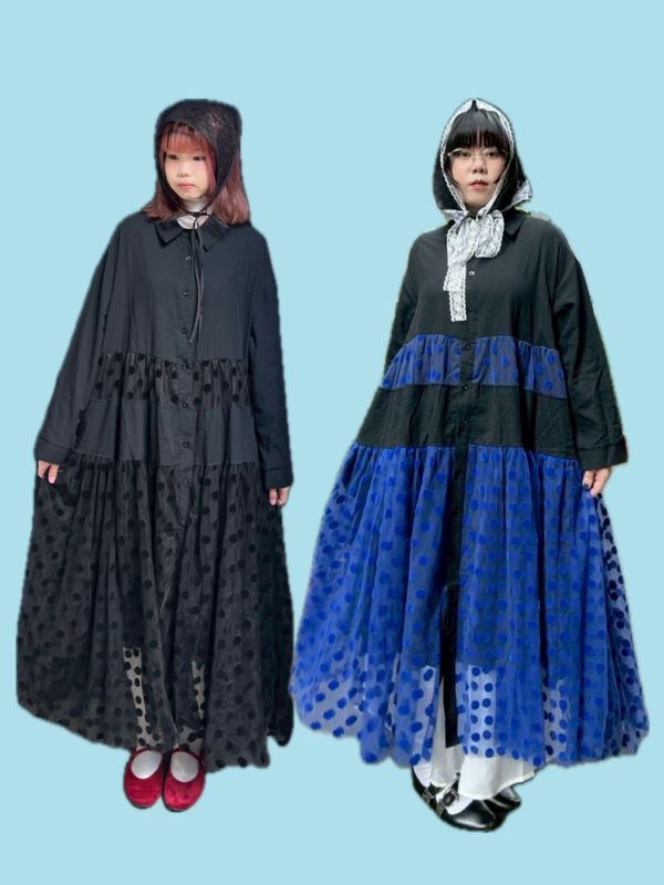 圓點紗拼接長袖洋裝 