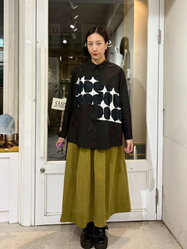 波點抓皺拼接襯衫 