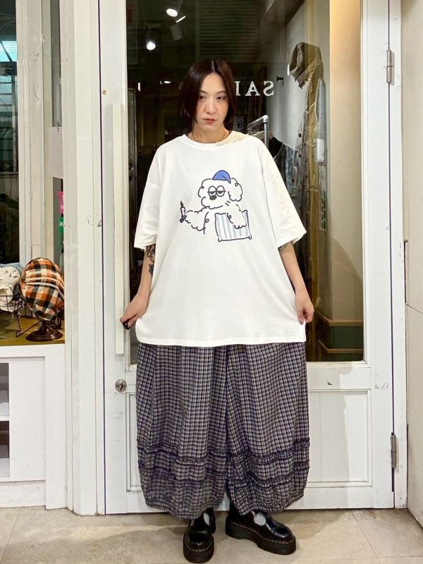 褲腳木耳細格紋花苞褲 