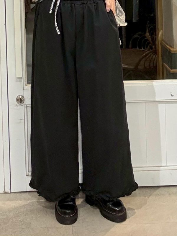 鬆緊腰褲腳木耳滾邊九分寬褲 