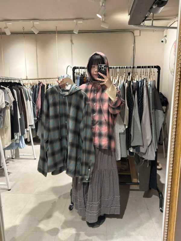 格紋排扣連帽綁帶襯衫外套 
