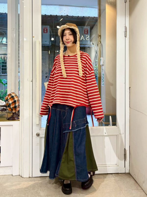 紅白條紋下擺垂繩長袖上衣 