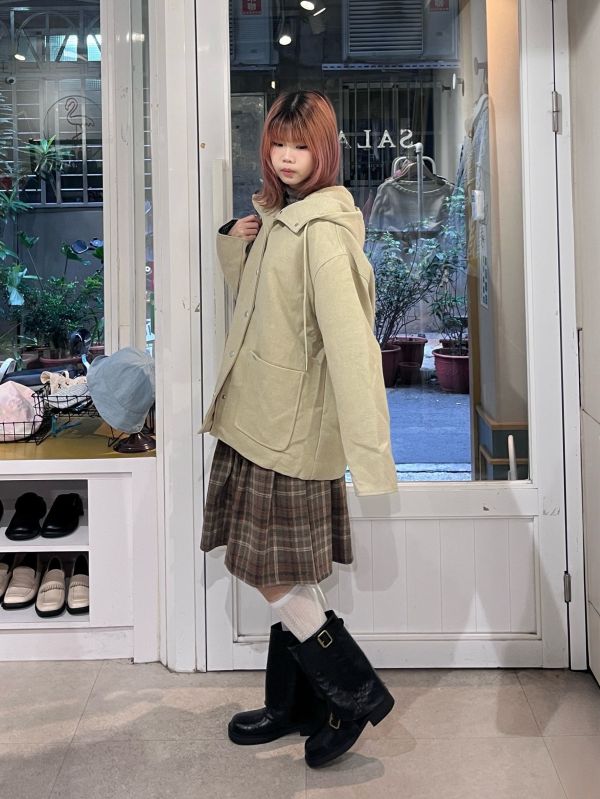 連帽抽繩格紋袖毛呢鋪棉外套 