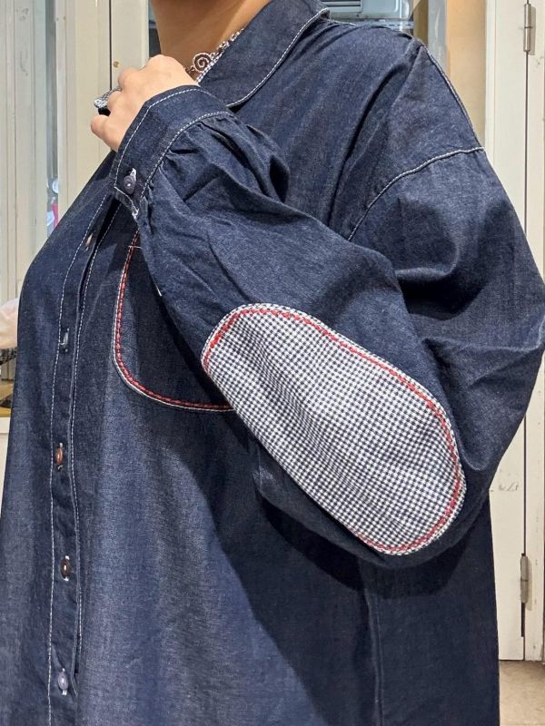 細格子拼接薄款牛仔襯衫 