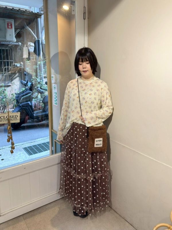 亮粉小花格紋荷葉鬆緊腰紗裙 