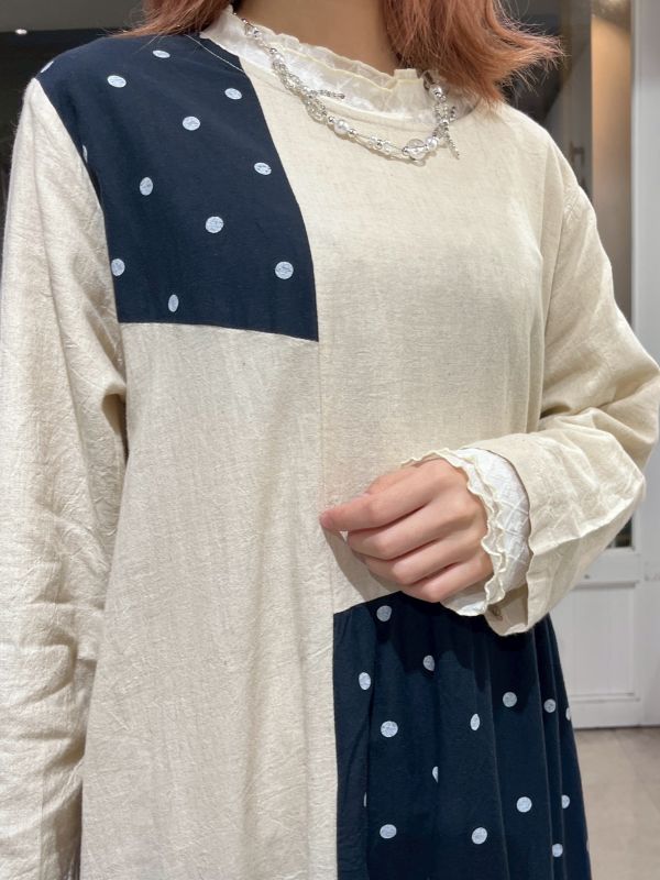 棉麻拼接波點長袖洋裝 