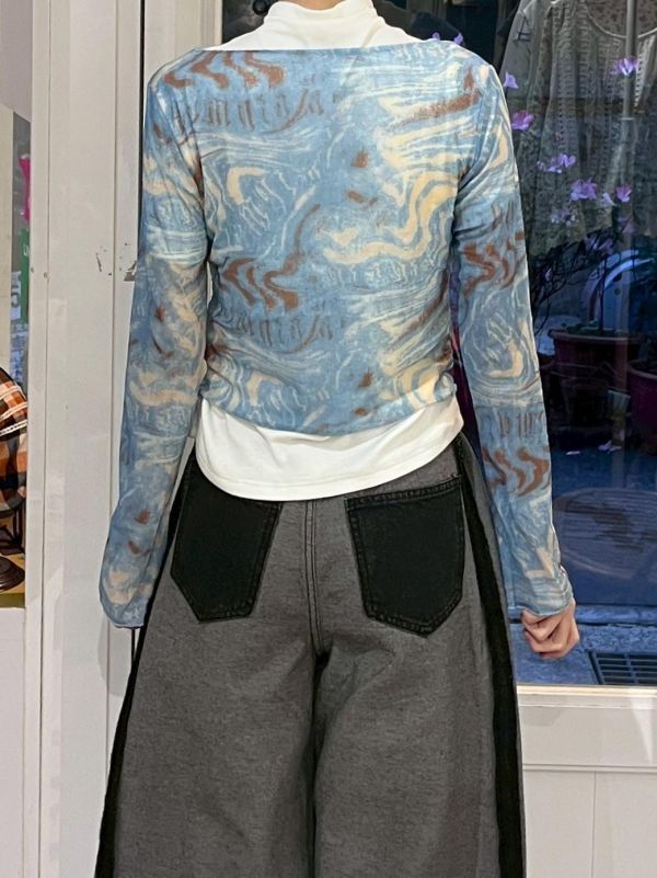 油畫渲染雙層透膚長袖上衣 