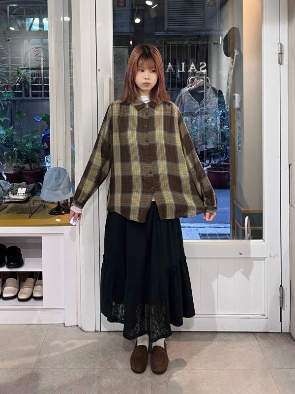 復古格紋棉麻排扣襯衫 