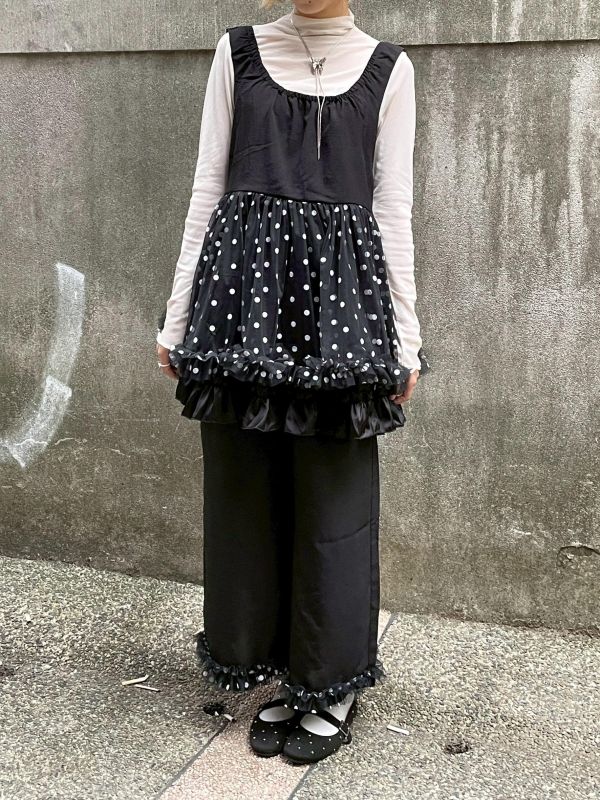 拼接波點雙層紗紗寬肩帶背心 