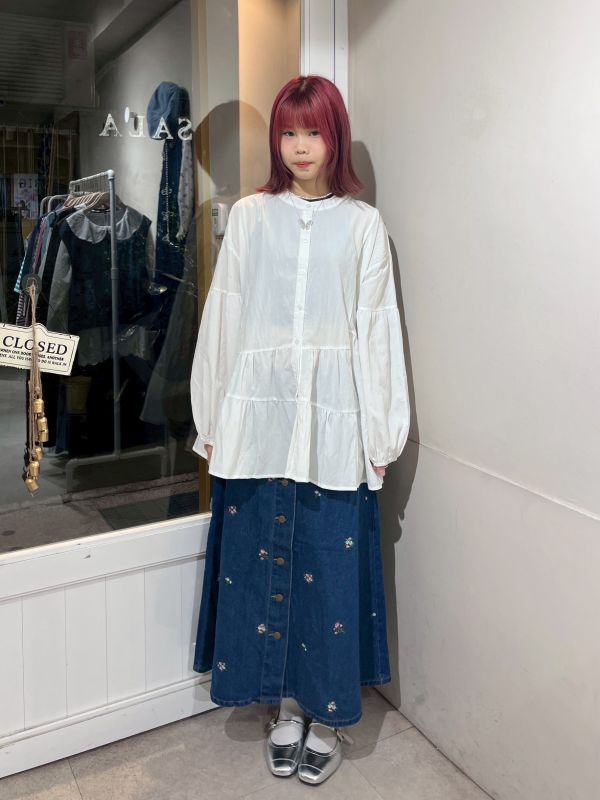 花朵刺繡口袋牛仔長裙 
