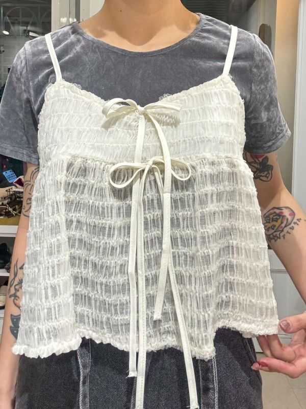 米白抓皺蝴結吊帶背心 