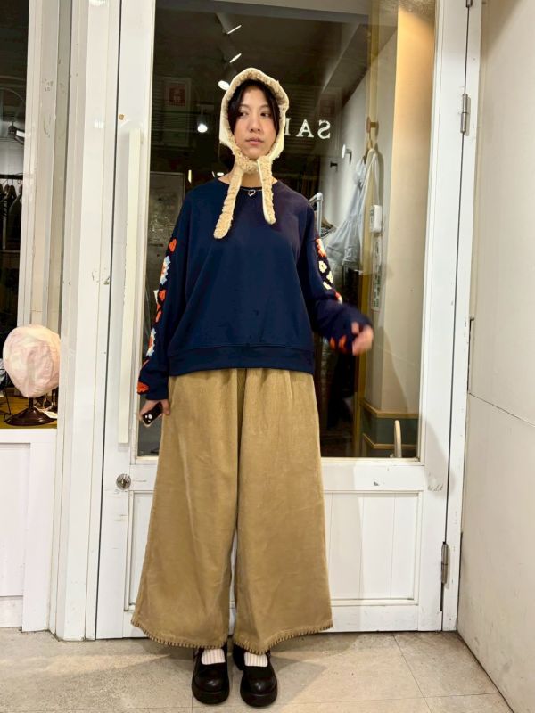 鬆緊腰下擺縫線燈芯絨褲九分寬褲 